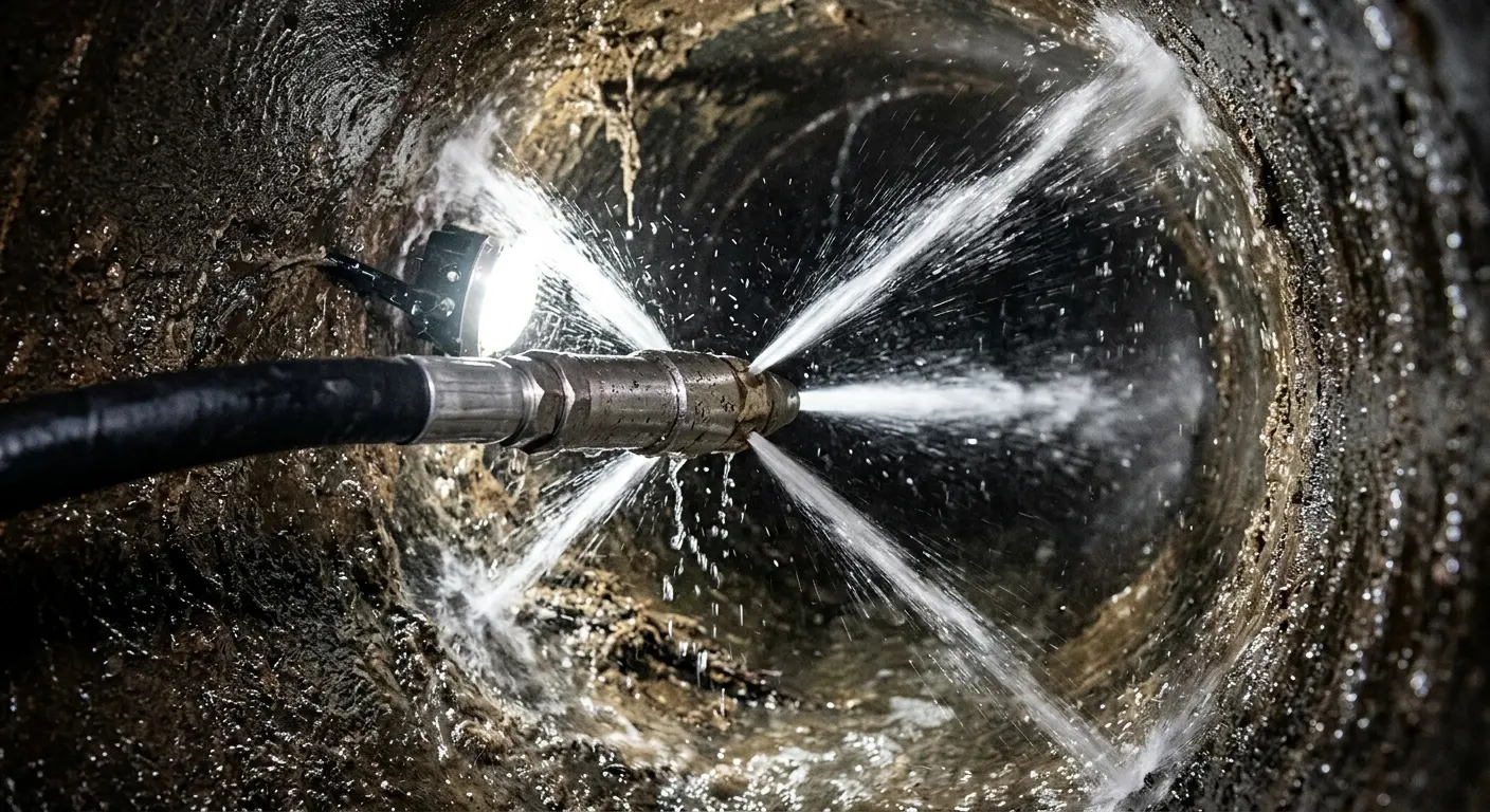High-pressure hydro jetting nozzle cleaning sewer pipe for Sewer Cleanout in Island Lake
