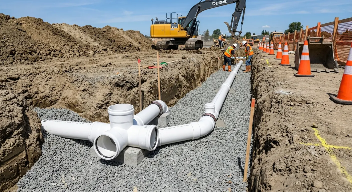 New PVC sewer pipe installation in open trench for Sewer Backup in Island Lake