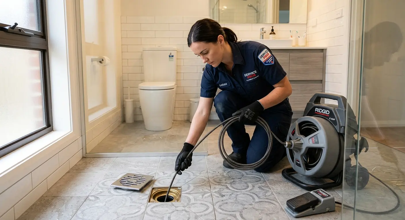 Technician clearing a bathroom floor drain for Sewer Line Replacement in Island Lake